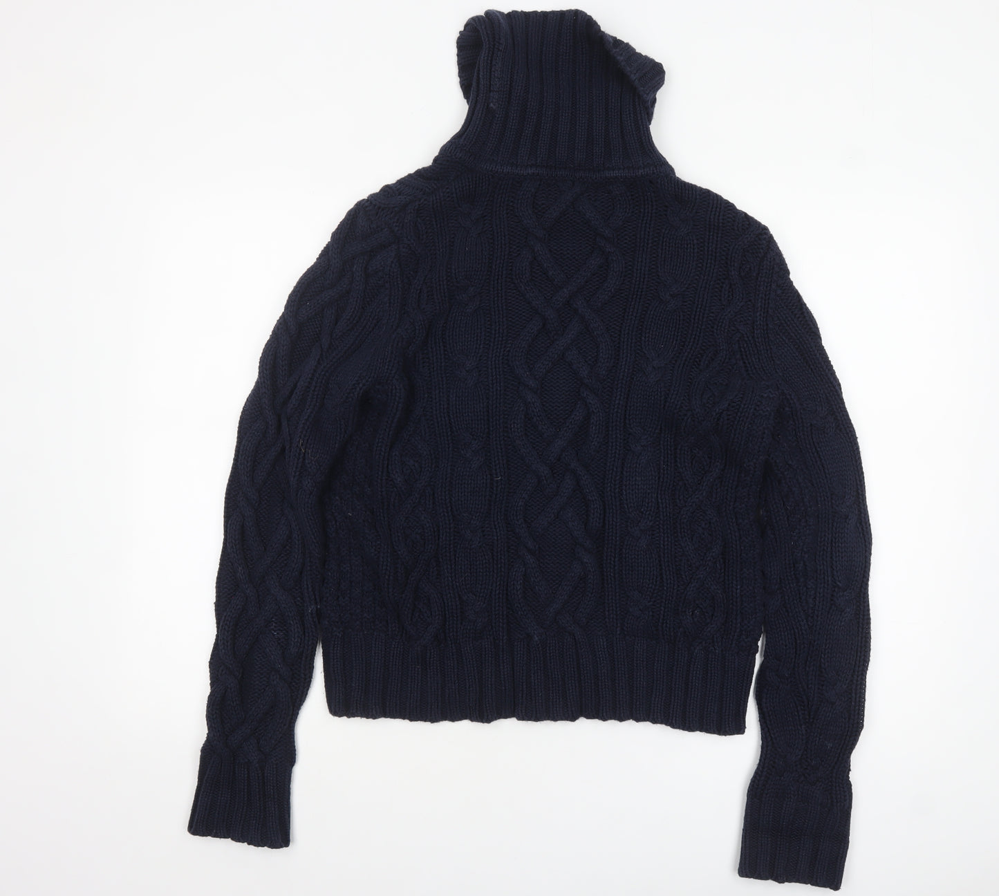 Lands' End Women's Blue Cable-Knit Roll Neck Cotton Jumper L