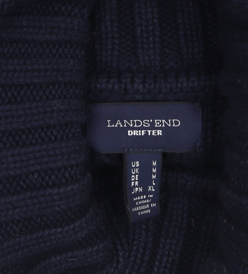 Lands' End Women's Blue Cable-Knit Roll Neck Cotton Jumper L