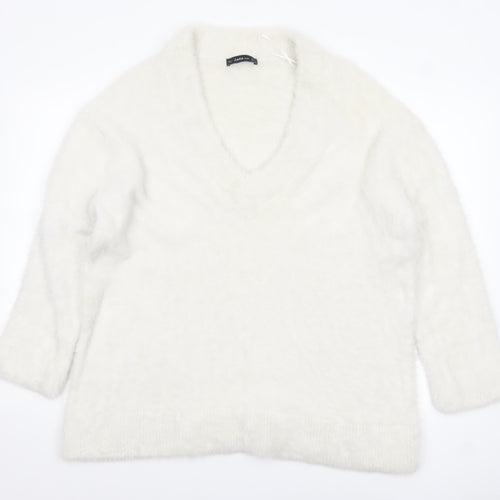 Zara Women White V-Neck Knit Pullover Jumper Size 14