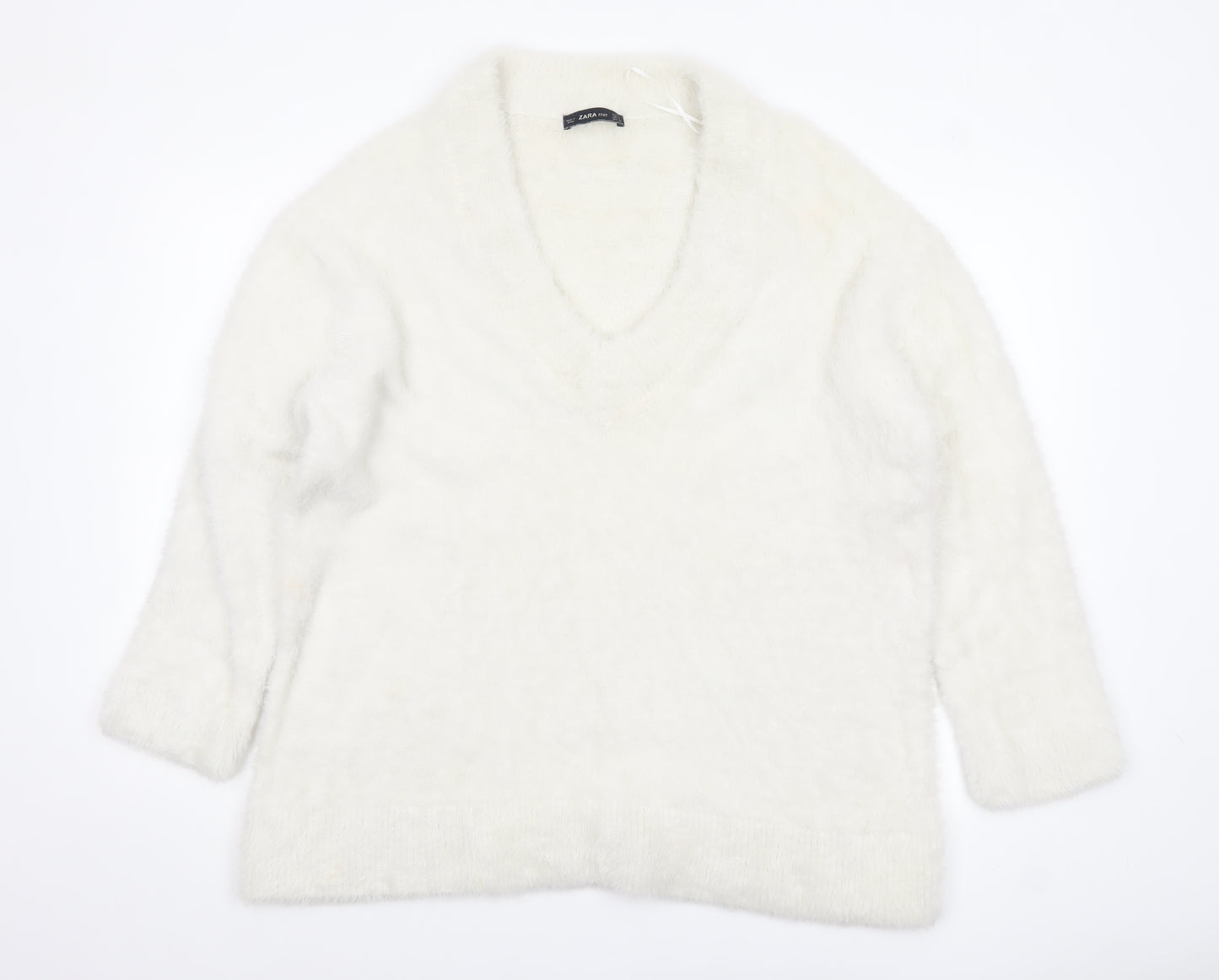 Zara Women White V-Neck Knit Pullover Jumper Size 14