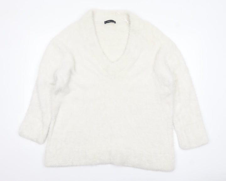 Zara Women White V-Neck Knit Pullover Jumper Size 14