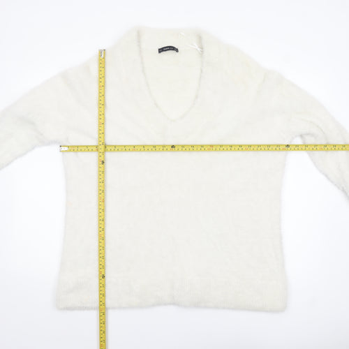 Zara Women White V-Neck Knit Pullover Jumper Size 14