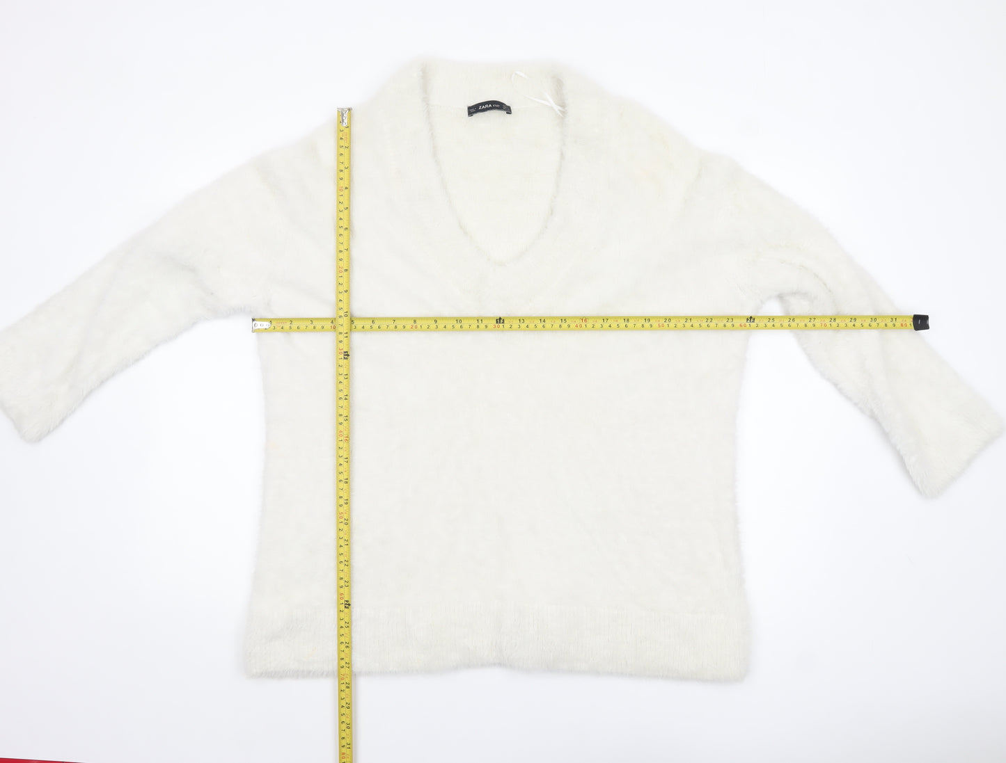 Zara Women White V-Neck Knit Pullover Jumper Size 14