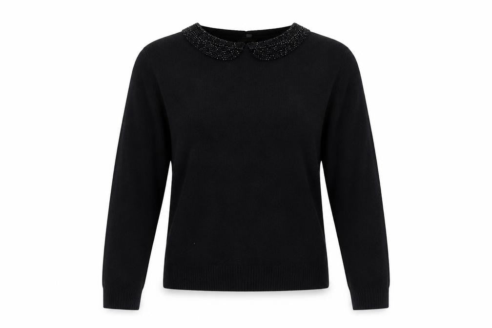 Front view of Clements Ribeiro Women’s Black Beaded Collar Jumper, size UK 14