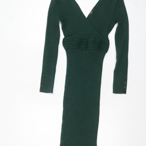Lipsy Women Green Knit Bodycon Midi Dress Size 10 V-Neck
