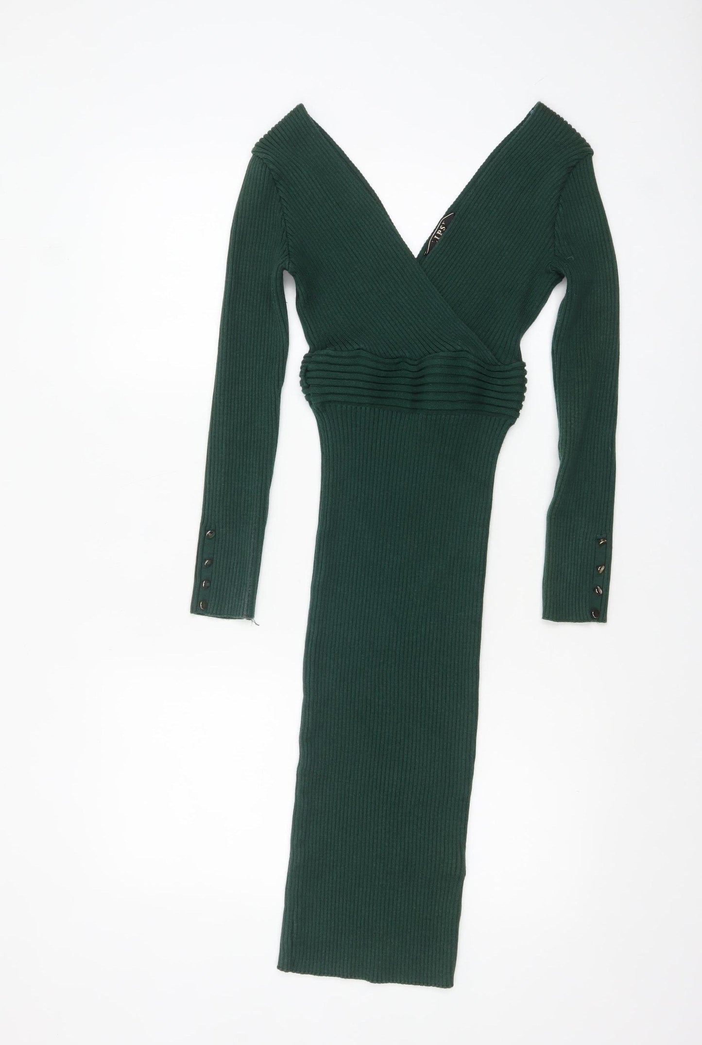 Lipsy Women Green Knit Bodycon Midi Dress Size 10 V-Neck