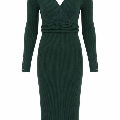 Lipsy Women Green Knit Bodycon Midi Dress Size 10 V-Neck