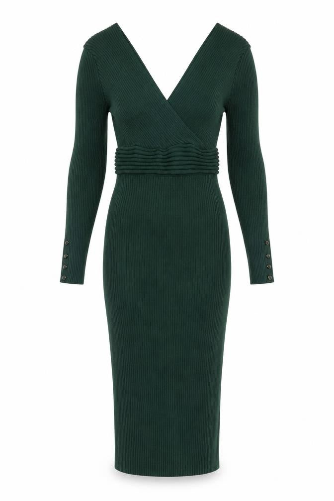Lipsy Women Green Knit Bodycon Midi Dress Size 10 V-Neck