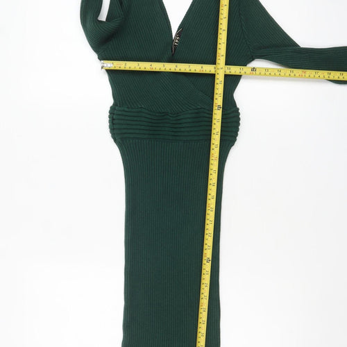 Lipsy Women Green Knit Bodycon Midi Dress Size 10 V-Neck