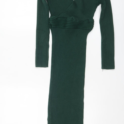 Lipsy Women Green Knit Bodycon Midi Dress Size 10 V-Neck