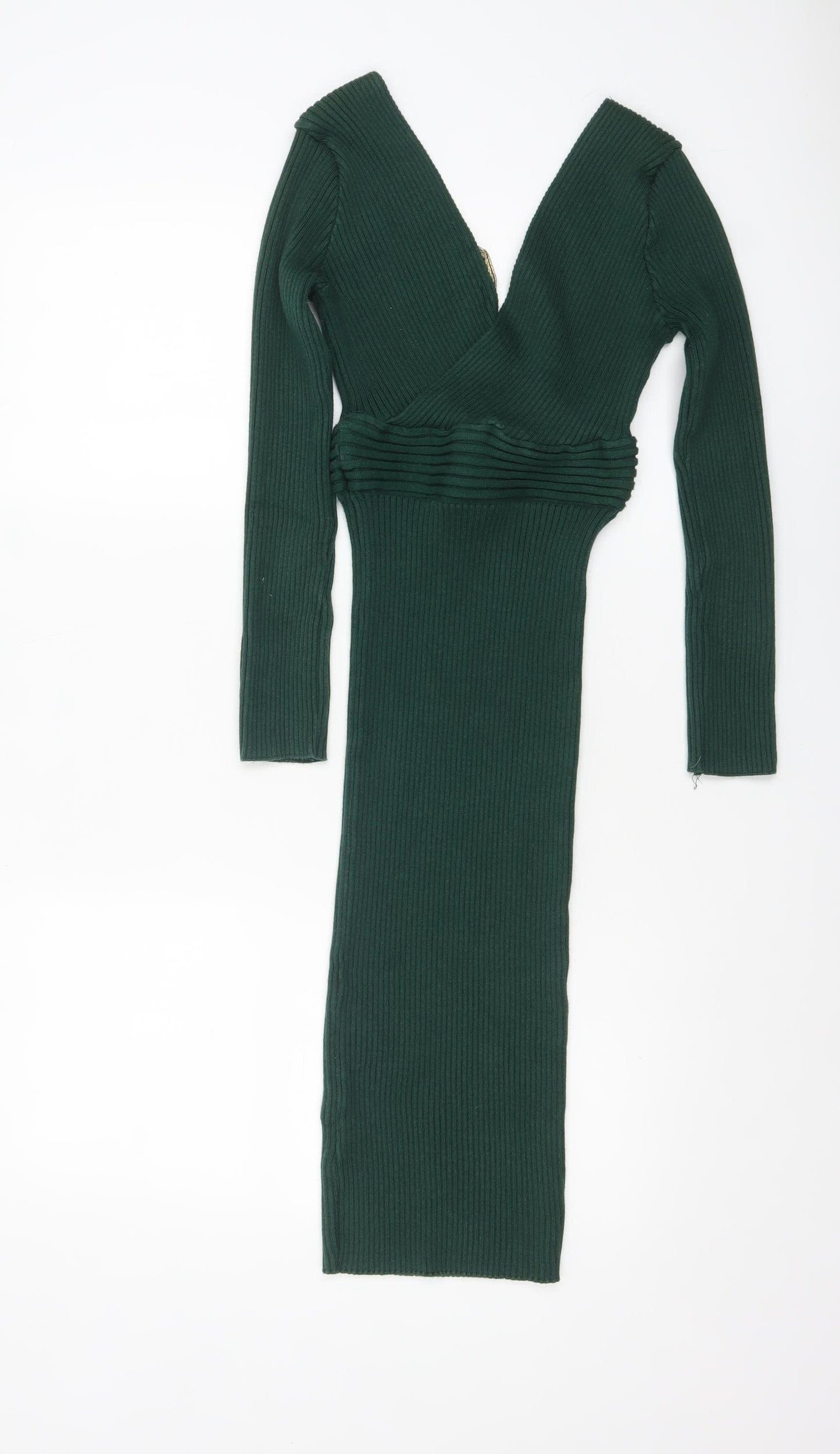 Lipsy Women Green Knit Bodycon Midi Dress Size 10 V-Neck