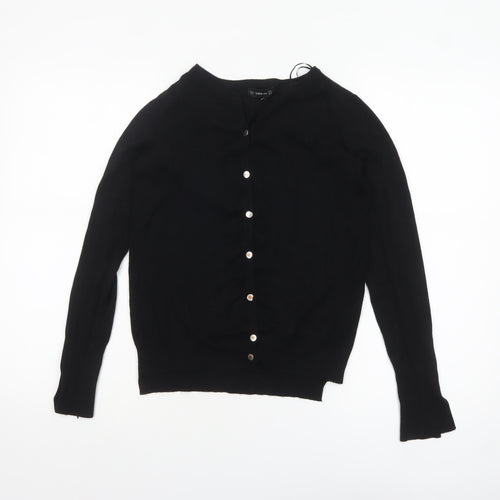 Zara Women Black Knit Crew Neck Button Cardigan Size 8