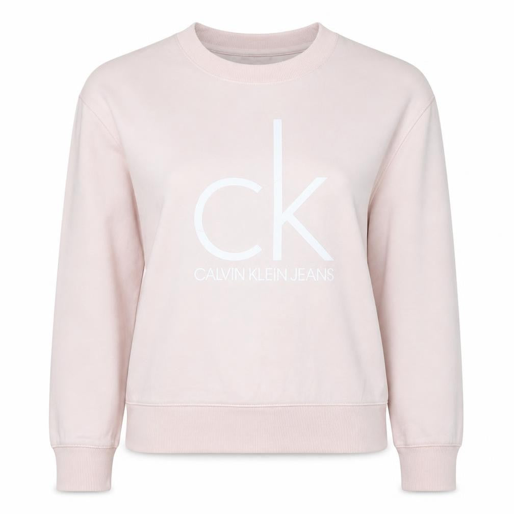 Front view of Calvin Klein Jeans women’s pink crew neck pullover sweatshirt m
