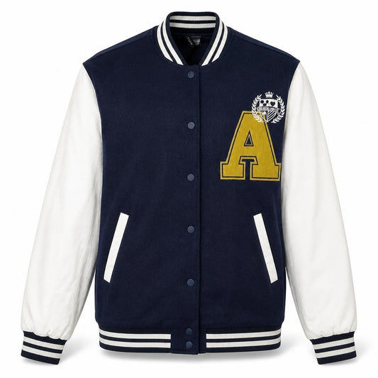 Front view of H&M Men Blue Varsity Jacket, size S, Polyester Snap Button College Style