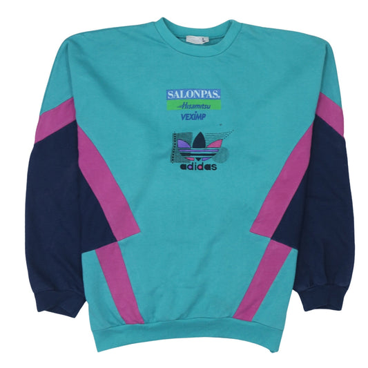 Adidas Women’s Teal Colourblock Crew Neck Sweatshirt L Retro 80s Style