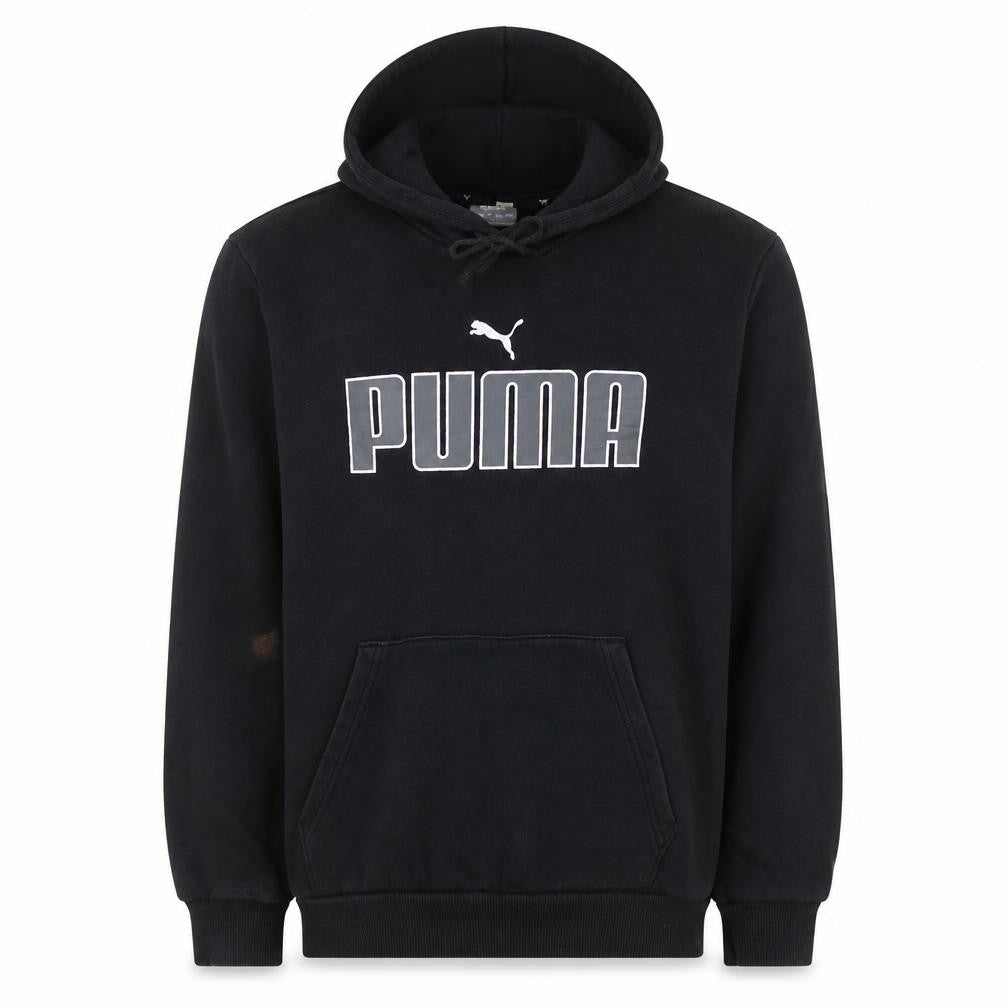 Front view of Puma Men's Black Pullover Hoodie M Regular Fit Logo Fleece Sweatshirt