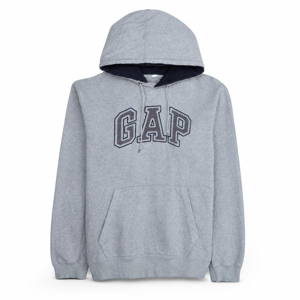 Front view of Gap Men's Grey Pullover Hoodie Small Cotton Logo Style