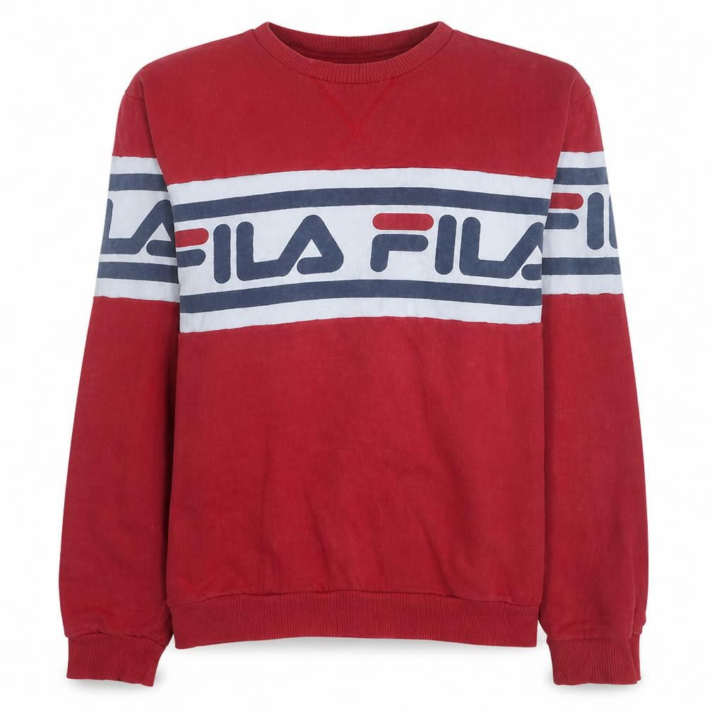 Front view of Fila men’s red crew neck logo pullover sweatshirt m