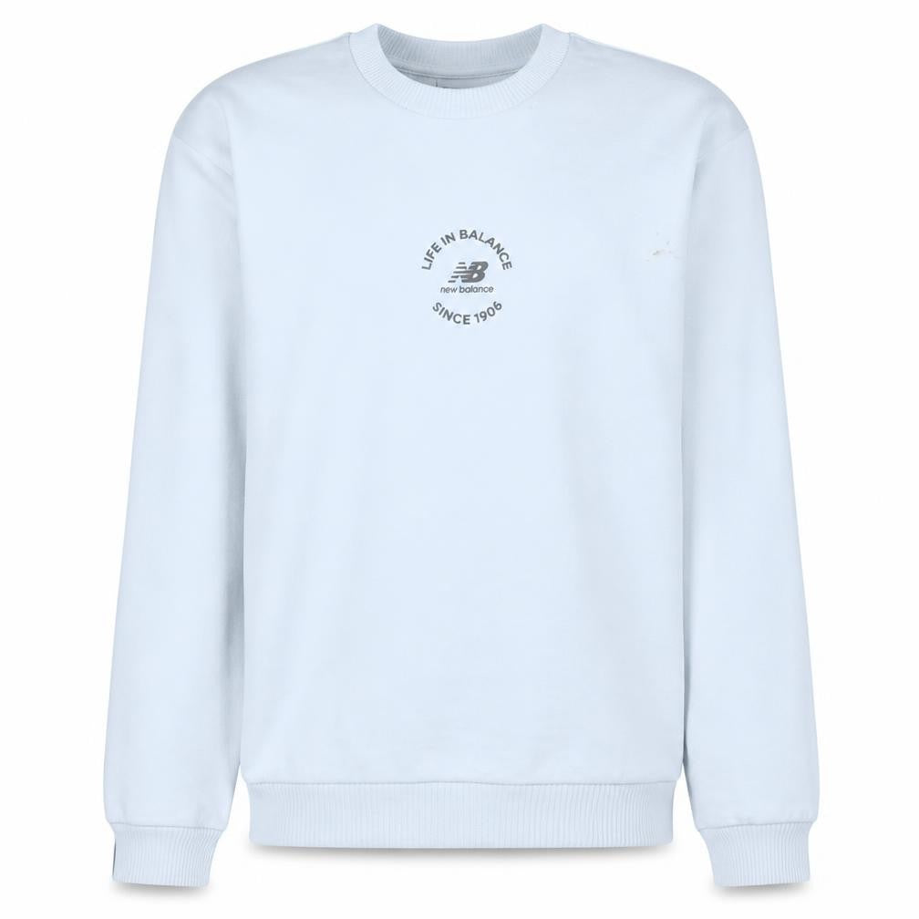 Front view of New Balance Men's White S Pullover Sweatshirt Crew Neck Logo