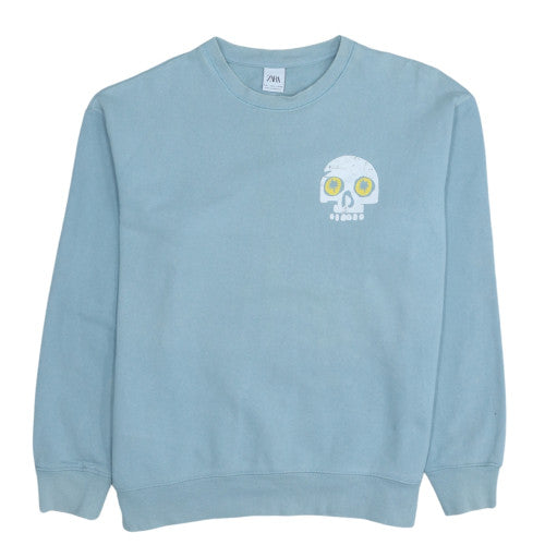 Zara Women Blue Skull Graphic Pullover Sweatshirt L