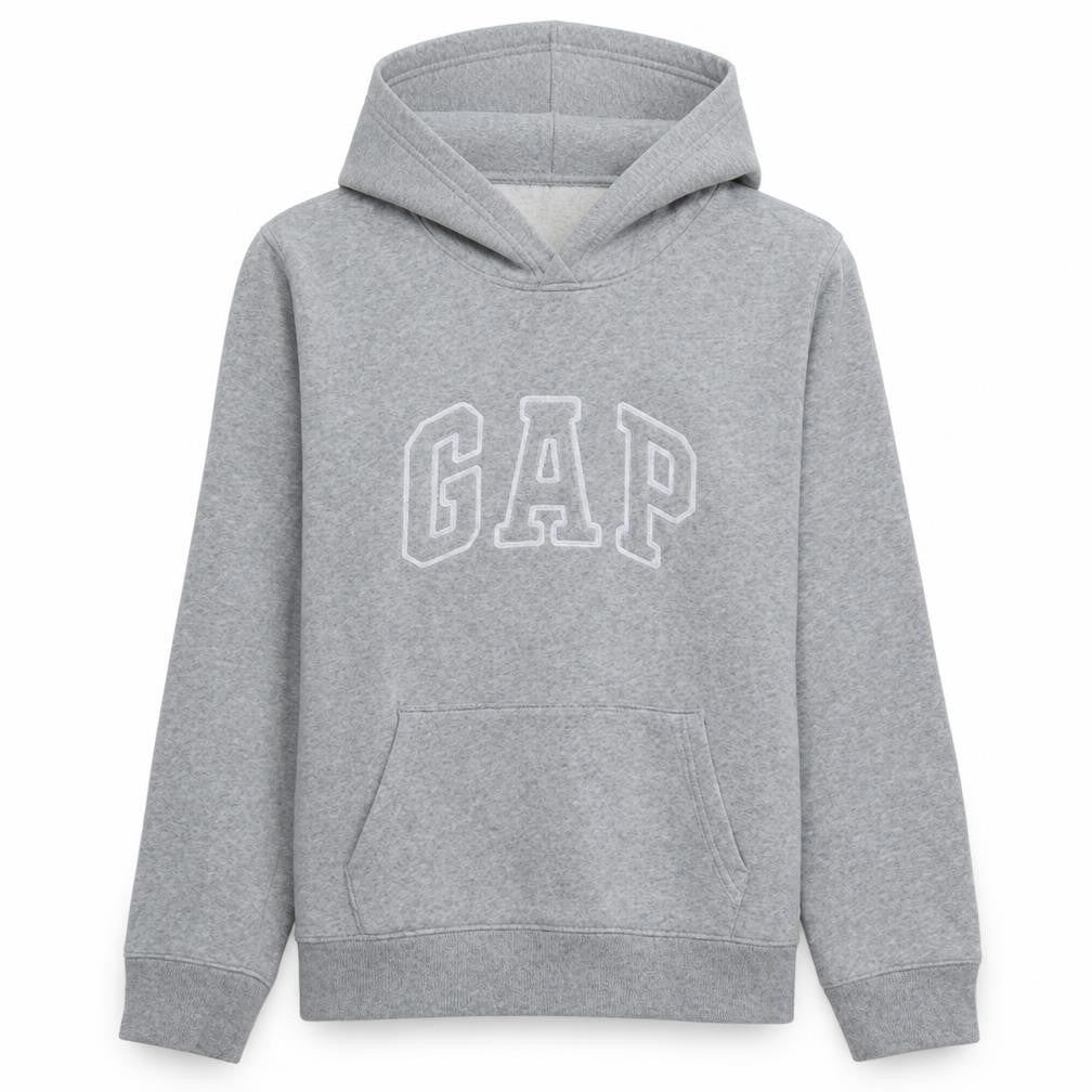 Front view of Gap Men's Grey Pullover Logo Hoodie L Regular Fleece Sweatshirt