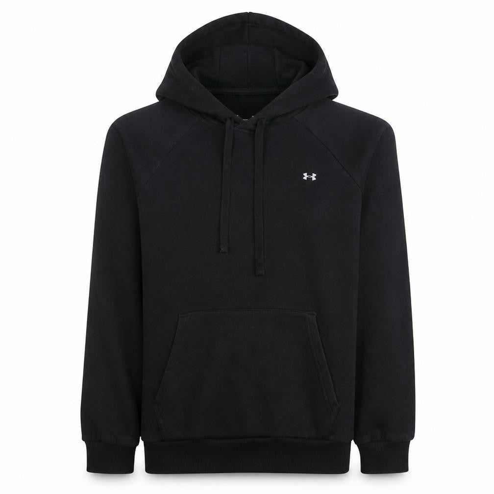 Front view of Under Armour Men's Black Pullover Hoodie L Relaxed Fit Fleece