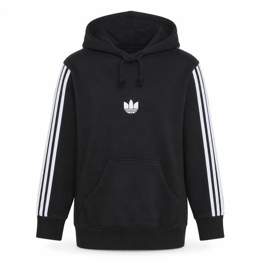 Front view of Adidas women’s black, size UK 10, pullover hoodie with logo and stripes