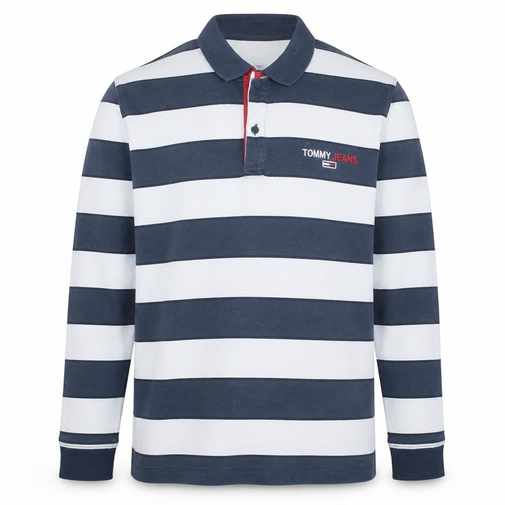 Front view of Tommy Jeans Men’s Blue Striped Henley Sweatshirt XL