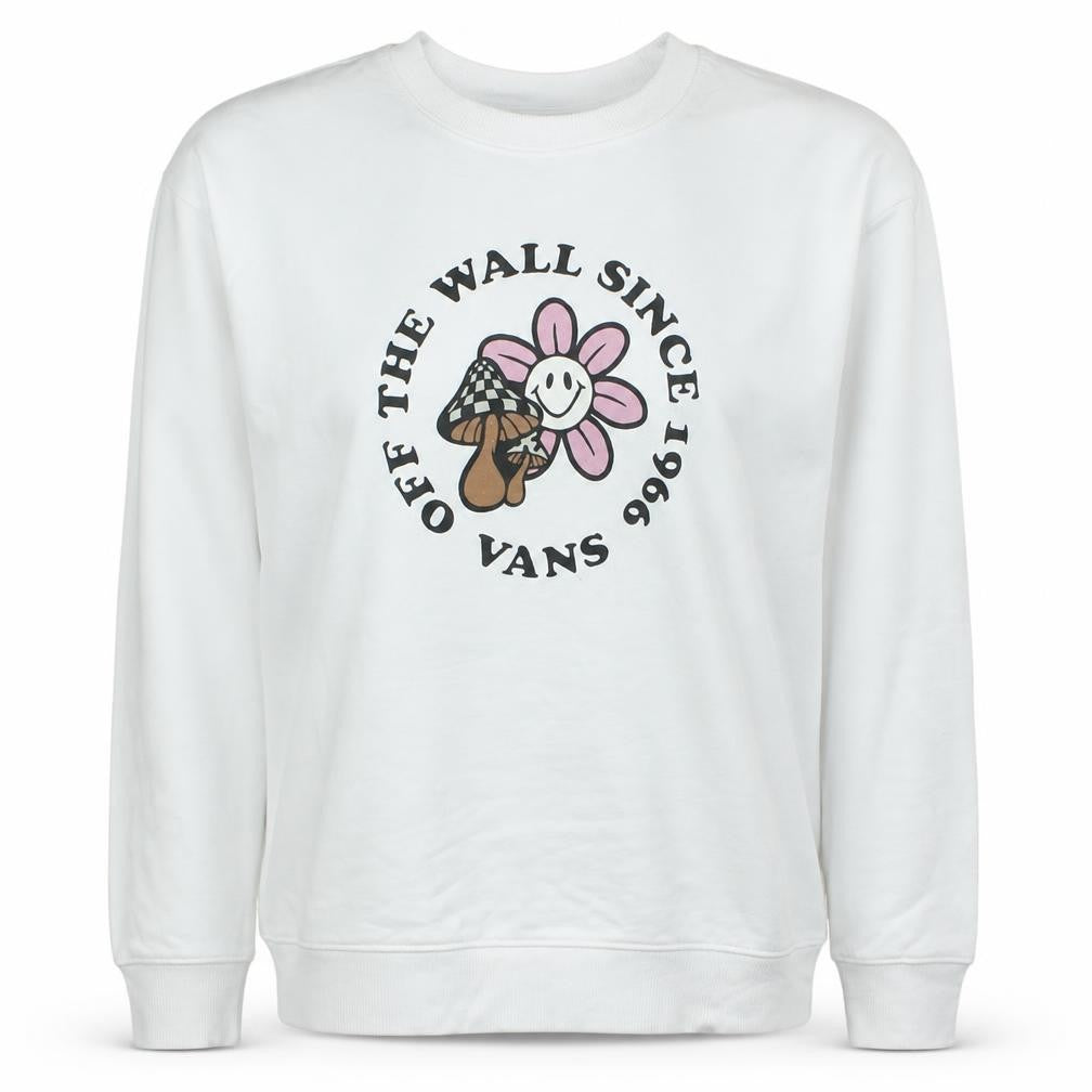 Front view of Vans women’s white large pullover sweatshirt with flower graphic