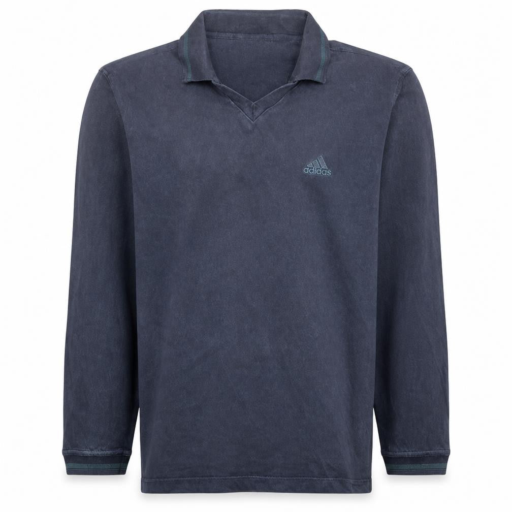 Front view of Adidas Men's Blue Vintage Henley Sweatshirt, size M