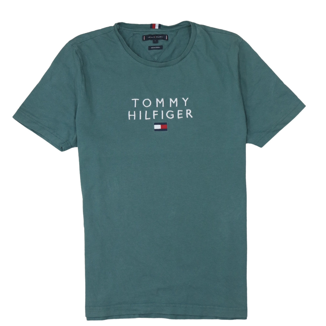 Tommy Hilfiger Men's Green Logo Embroidered Organic Cotton T-Shirt L
