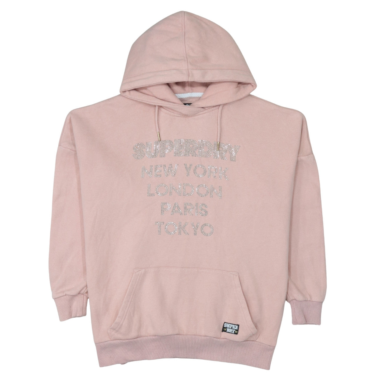 Superdry Womens Pink Pullover Hoodie Size S Rhinestone Logo Cotton Blend