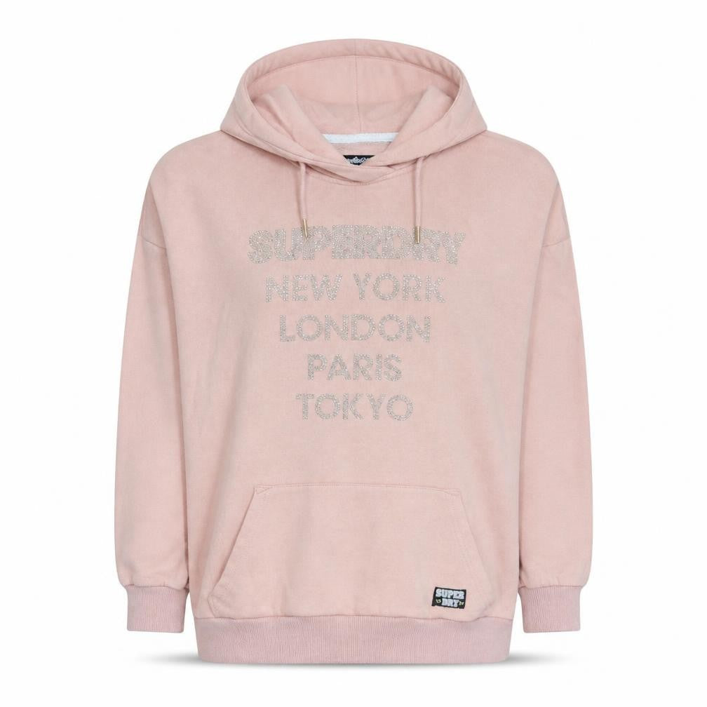 Front view of Superdry women’s pink pullover hoodie, size S, rhinestone logo cotton blend