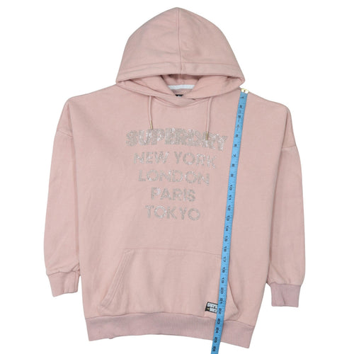 Superdry Womens Pink Pullover Hoodie Size S Rhinestone Logo Cotton Blend