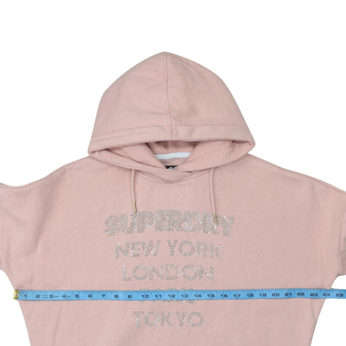 Superdry Womens Pink Pullover Hoodie Size S Rhinestone Logo Cotton Blend