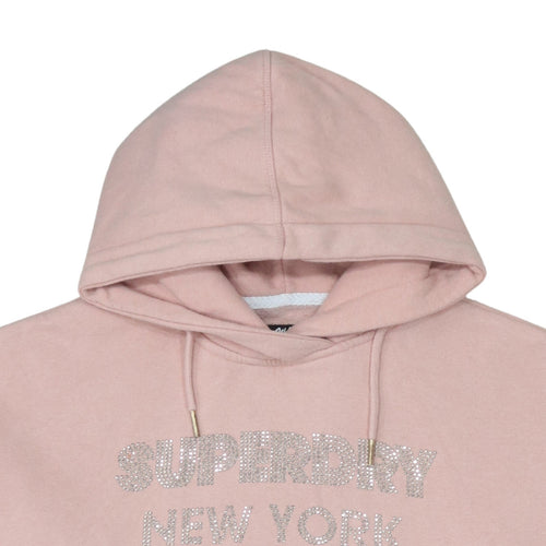 Superdry Womens Pink Pullover Hoodie Size S Rhinestone Logo Cotton Blend