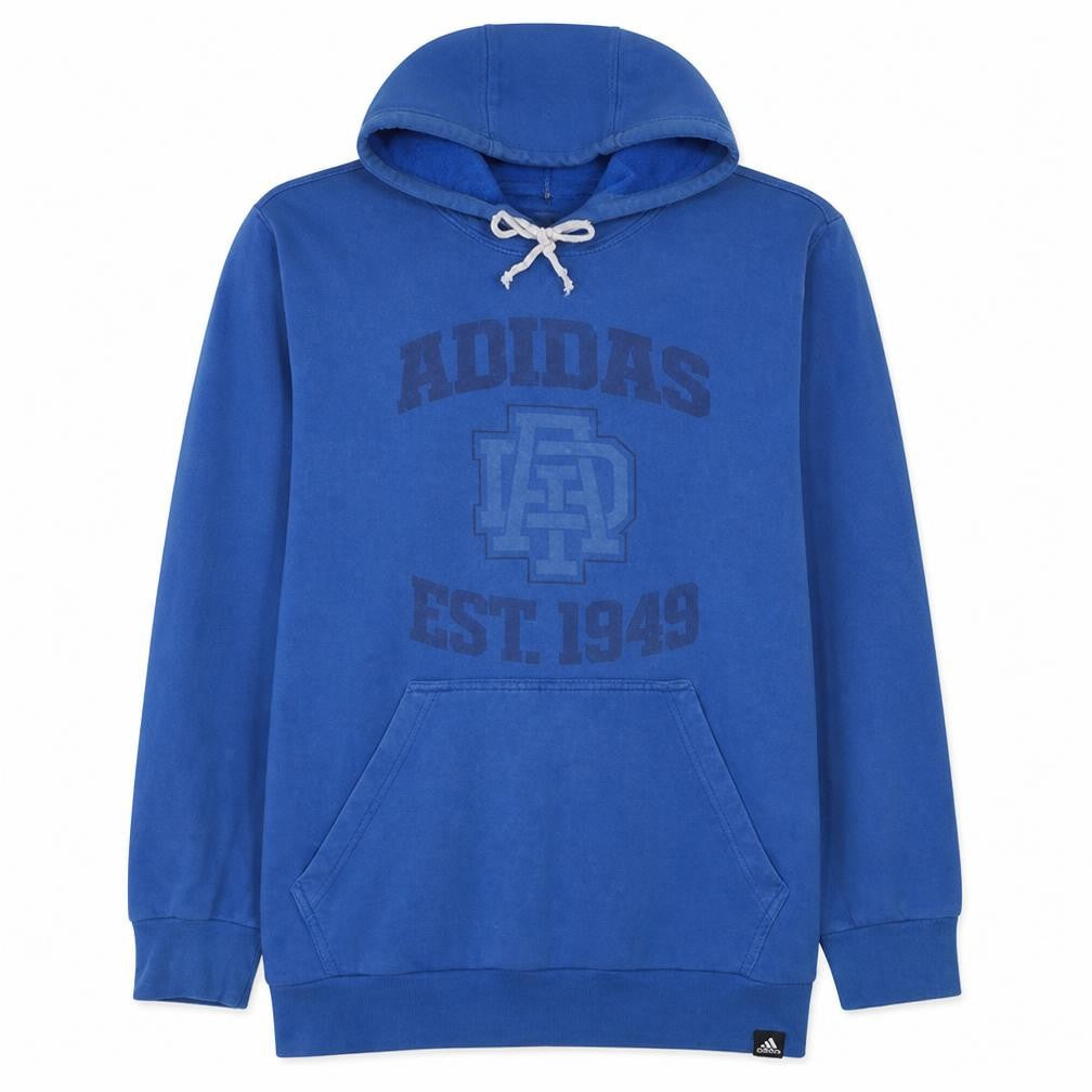 Front view of Adidas Men’s Blue Pullover Hoodie L Logo Fleece Sweatshirt