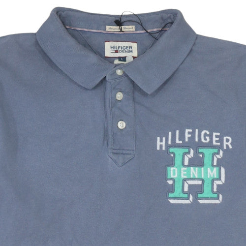 Tommy Hilfiger Men Blue Logo Polo Shirt Size L Casual Cotton