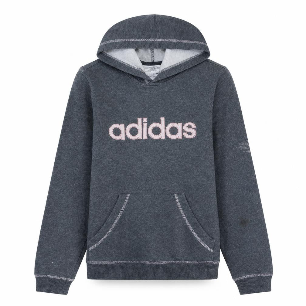 Front view of Adidas women’s grey pullover hoodie sweatshirt, size UK 10, casual logo