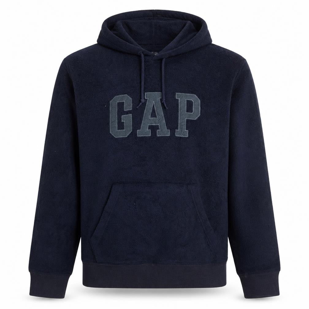 Front view of Gap Men Blue Fleece Pullover Hoodie M Logo Sweatshirt