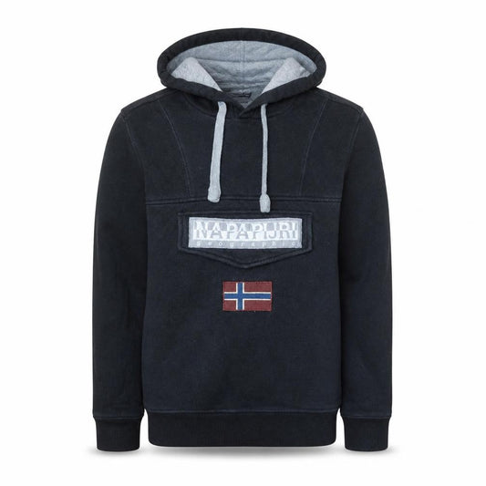 Front view of Napapijri Men's Black Pullover Hoodie M Logo Fleece Sweatshirt