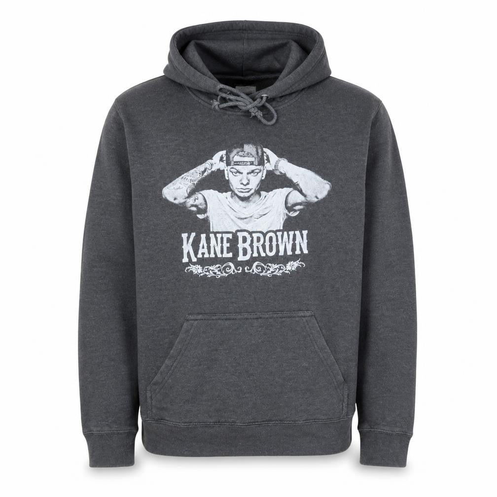Front view of Lane Seven men’s grey kane brown pullover hoodie, size L, graphic print