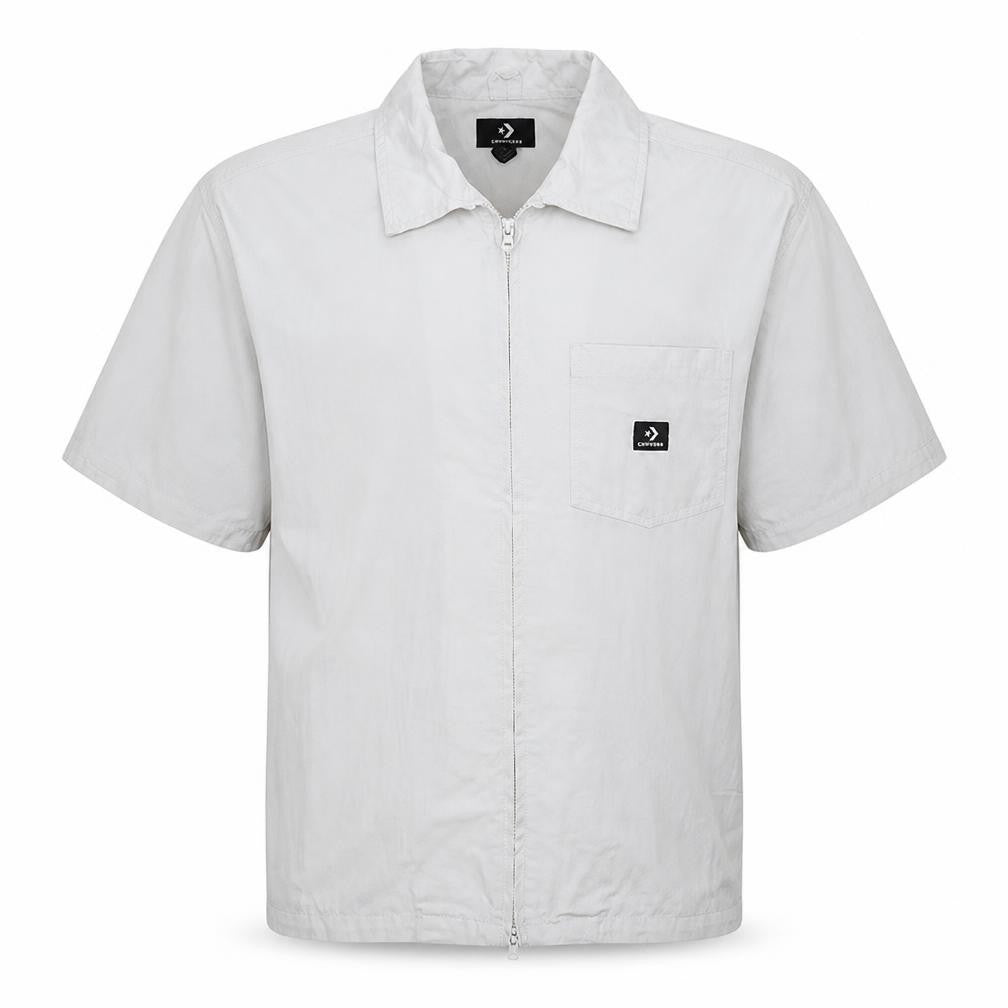 Front view of Converse Men's White Cotton Zip-Up Short Sleeve Shirt M