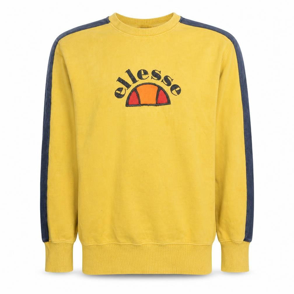 Front view of Ellesse men’s yellow crew neck pullover sweatshirt, size S