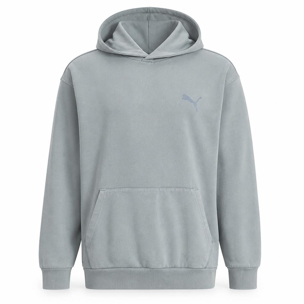 Front view of Puma men’s grey pullover hoodie l grey fleece sweatshirt