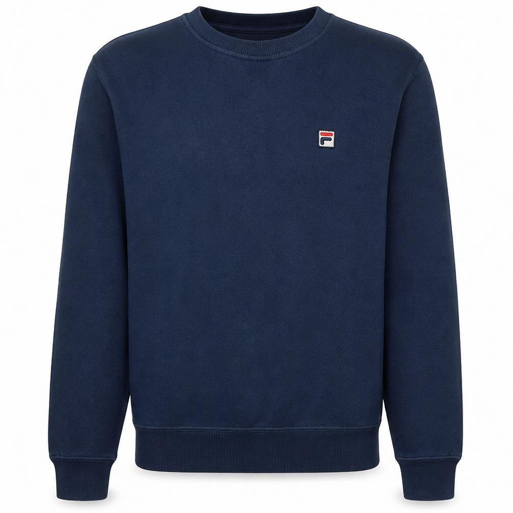 Front view of Fila men’s blue crew neck pullover sweatshirt, size S
