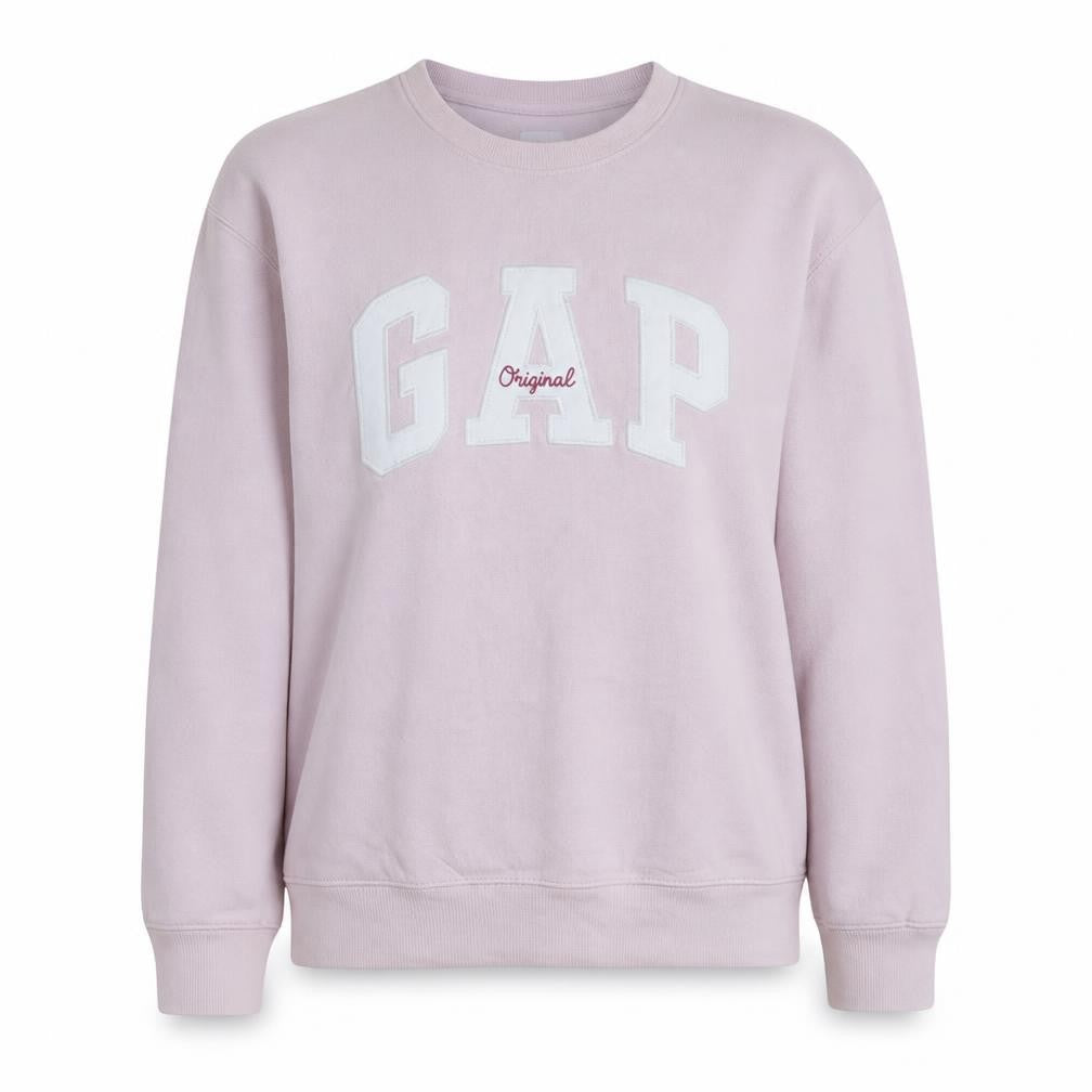 Front view of Gap women’s pink logo pullover sweatshirt, size L, cotton blend