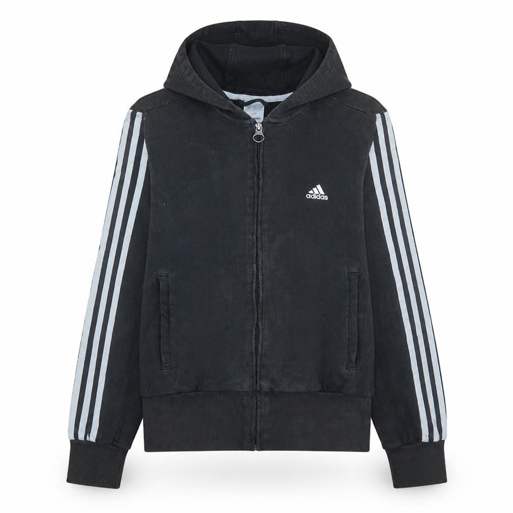 Front view of Adidas women’s black full zip hoodie sweatshirt, size M