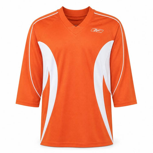 Front view of Reebok boys’ orange 3/4 sleeve football jersey top, size L