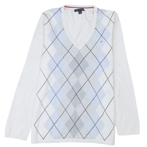 Tommy Hilfiger Men's White Argyle V-Neck Cotton Jumper Size L